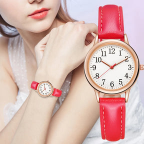 Leisure Fashion Women Quartz Watch Easy to Read Arabic Numerals Simple Dial PU Leather Strap Lady Candy Color