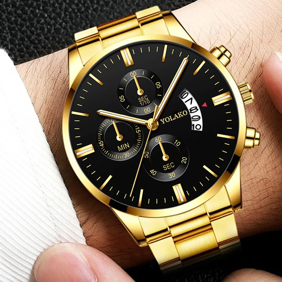 Luxury Men Steel Golden Watch Calendar Quartz Wristwatch Chain Bracelet Business Watches Man Clock for Men Relogio Masculino
