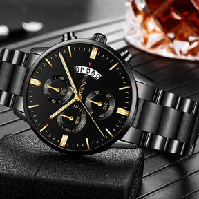 Leisure Business Fashion Men Black Stainless Steel Watch Luxury Calendar Quartz Wrist Watch Mens Business Watches for Man Clock