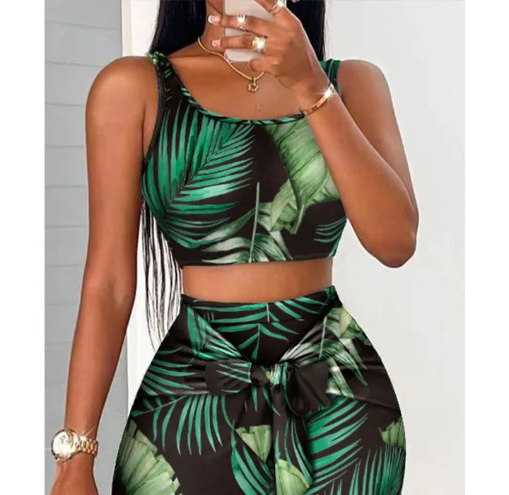 Two Pieces Set Outfits Women 2024 Summer Sexy Sleeveless Suspender Top and High Waisted Tight Fitting Hip Wrap Skirt Print Suits