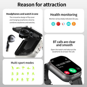 TWS 2 In 1 Smart Sports Watch Wireless Bluetooth Headset Calling Health Monitor Fitness Record Watches With Headset