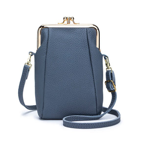 2024New Vintage Women Clip Bags Genuine Leather Mobile Phone Purse Bag Kiss Lock Crossbody Bags