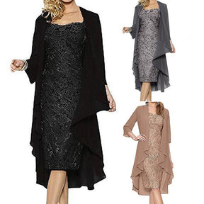 Formal Dress Set Women Outfit Elegant Flower Pattern Lace Vintage Two Pieces Set Women Knitted Cardigan Dress Banquet