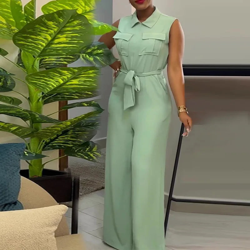2024 Spring Summer Sleeveless Wide Leg Jumpsuit Women Turn-down Neck Pocket Front Zipper Fly Street One Piece Suit Playsuits