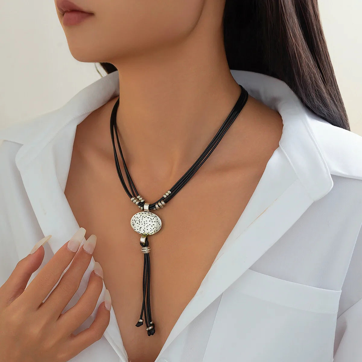 Lacteo Retro Leather Wax Necklace Women Round Silver Color Pendant Long Tassel Ethnic StyleThread Chain Neck Jewelry New Year