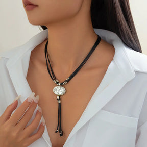 Lacteo Retro Leather Wax Necklace Women Round Silver Color Pendant Long Tassel Ethnic StyleThread Chain Neck Jewelry New Year