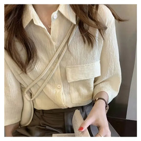Korea One Pocket Loose Blouse Ins Summer French Sle Single-Breasted Round Neck Lace clothing Design sense fold Shirts Top