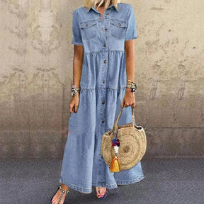 Retro Women Dresses 2022 Short Sleeve Turn Down Collar Pockets Button Long Loose Denim Dress Summer Long Dress