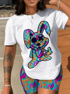 Casual Short Sleeve T T-shirt Shorts Set Office Lady Summer O-neck Cartoon Print Blouse Pants Two Piece Set Women Outfit 2023