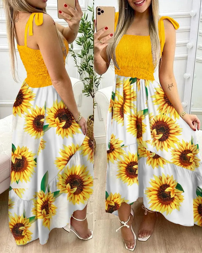 Summer Women's 2025  new irregular strapless halter sleeveless long dress Sling Patchwork Print Irregular Tube Top Dress