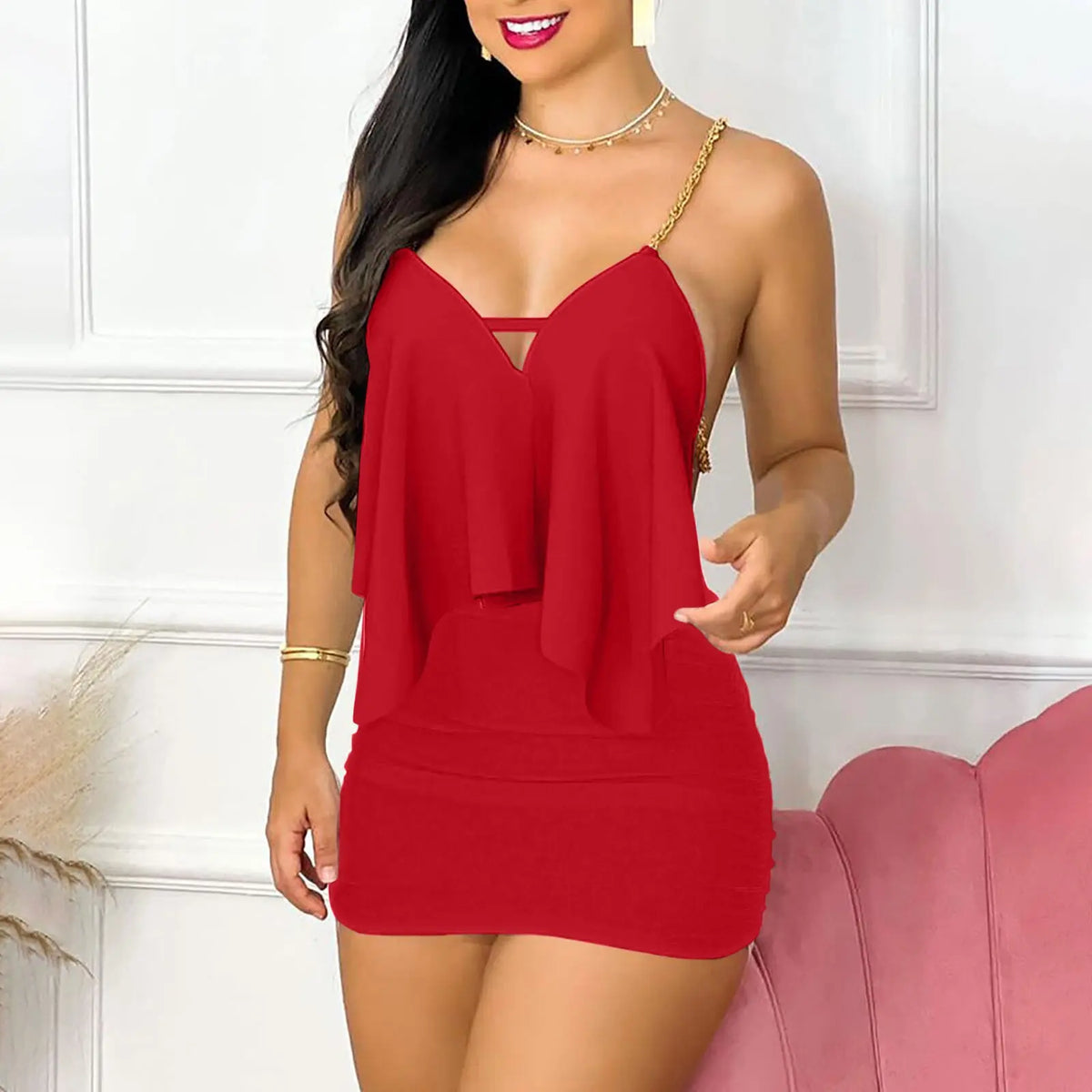 Short Sets 2025 Summer Women Top And Skirt Set With Fine Sling, Two Piece Elegant Suit With Open Back And Chain Conjuntos Para