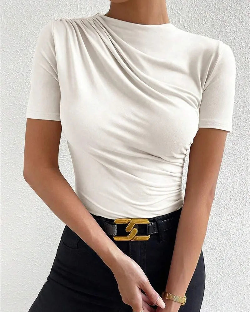 Luxury Europe and the United States spring and summer new slim-fit draw pleated short-sleeved onesie women's T-shirt