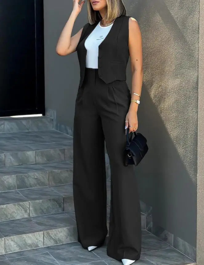 Women OL Blazer Pant Sets 2 Pieces Casual Slim Notched Cardigan Blazer Waistcoat&High Elastic Pocket Wide Leg Trousers Suits