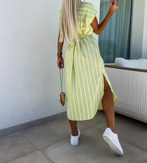 Elegant Women's Summer Dresses Commuter Casual Striped Strap Waist Collar Short Sleeve Casual Pocket Asymmetric Shirt Long Dress
