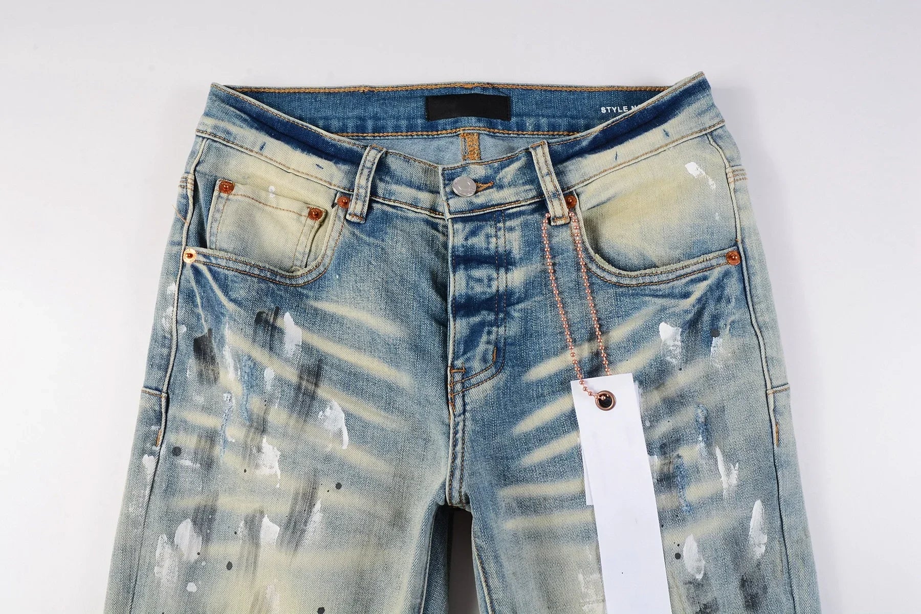 Purple jeans Men Fashion American high street brand Vintage wash blue paint distressed hole Repair Low Rise Skinny Denim pant