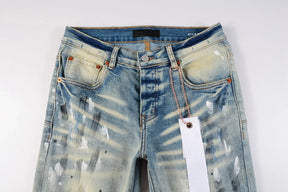 Purple jeans Men Fashion American high street brand Vintage wash blue paint distressed hole Repair Low Rise Skinny Denim pant