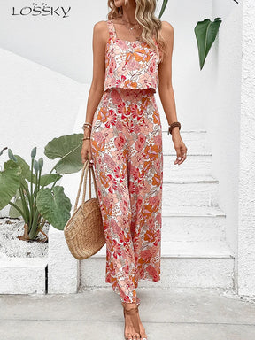 Elegant Long Jumpsuit Women Sexy Backless Wide Leg Jumpsuits Casual Sleeveless Floral Rompers Summer Clothes For Woman 2025 New