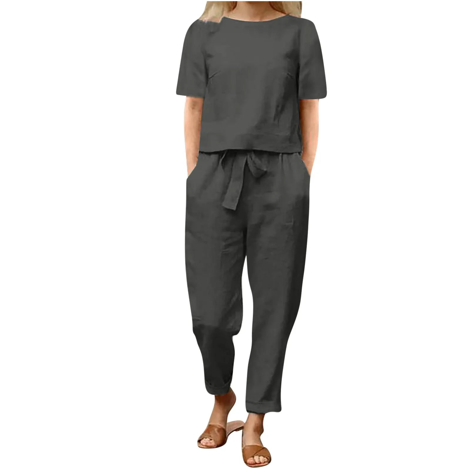 Women's Pullover Shirt And Pants Two-piece Set 2024 Women's Cotton And Linen Summer Suit Short Sleeved O-neck Outfit Pants