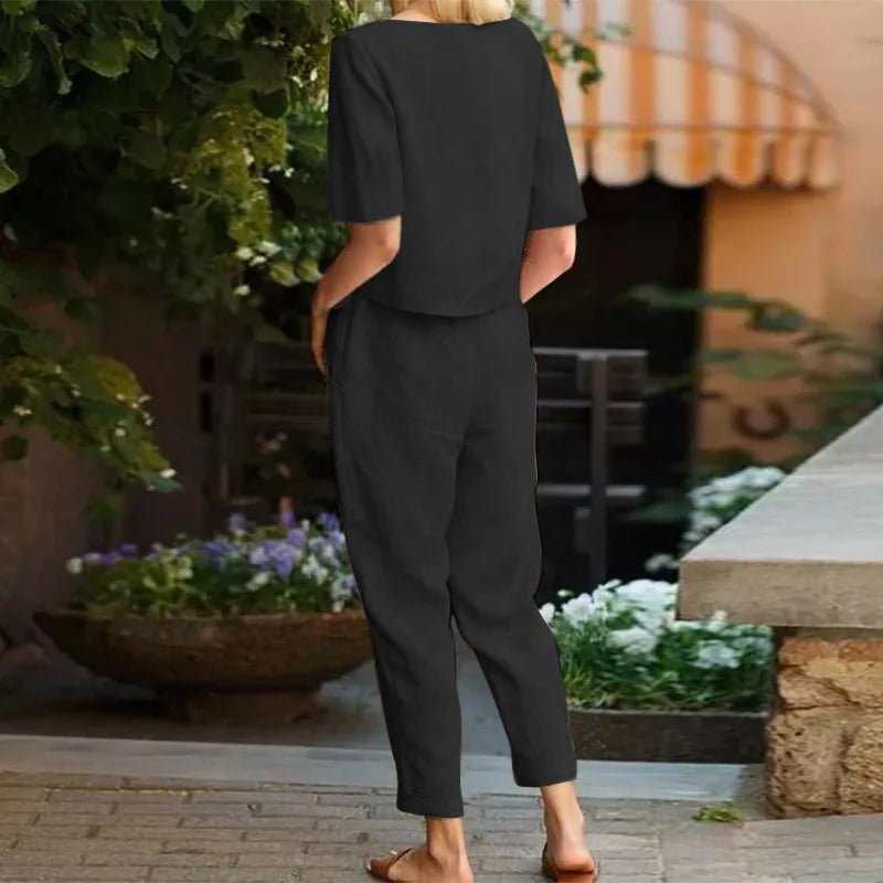 Women's Pullover Shirt And Pants Two-piece Set 2024 Women's Cotton And Linen Summer Suit Short Sleeved O-neck Outfit Pants