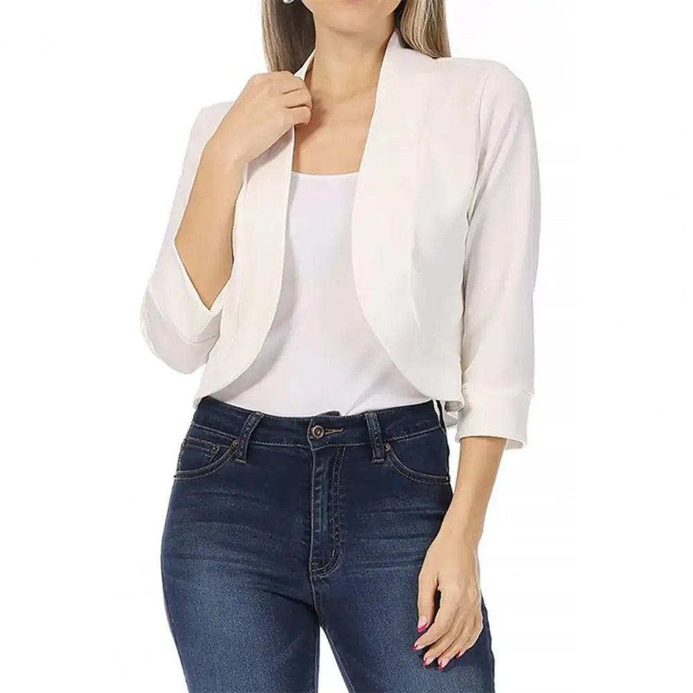 Cropped Women Blazer Temperament Cardigan All-match 3/4 Sleeve Office Suit Jacket Slim Fit No Button Business Coat Outerwear
