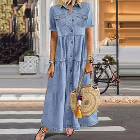 Retro Women Dresses 2022 Short Sleeve Turn Down Collar Pockets Button Long Loose Denim Dress Summer Long Dress
