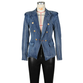 Women New Slim Double-Breasted Button Denim Jacket Coat Slim Long Sleeve Autumn Ripped Fashion Jacket Blazer