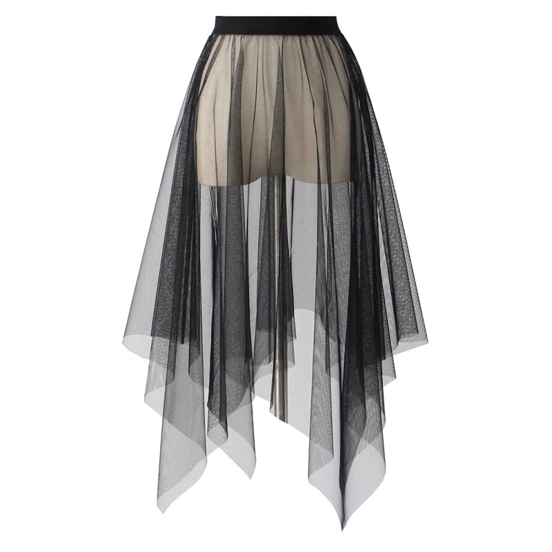 Black White Long Tulle Lace Mesh Skirt Women Petticoat Underskirt Summer Korean Irregular Cover Up Skirt Tutu Skirt For Girl