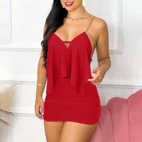 Short Sets 2025 Summer Women Top And Skirt Set With Fine Sling, Two Piece Elegant Suit With Open Back And Chain Conjuntos Para