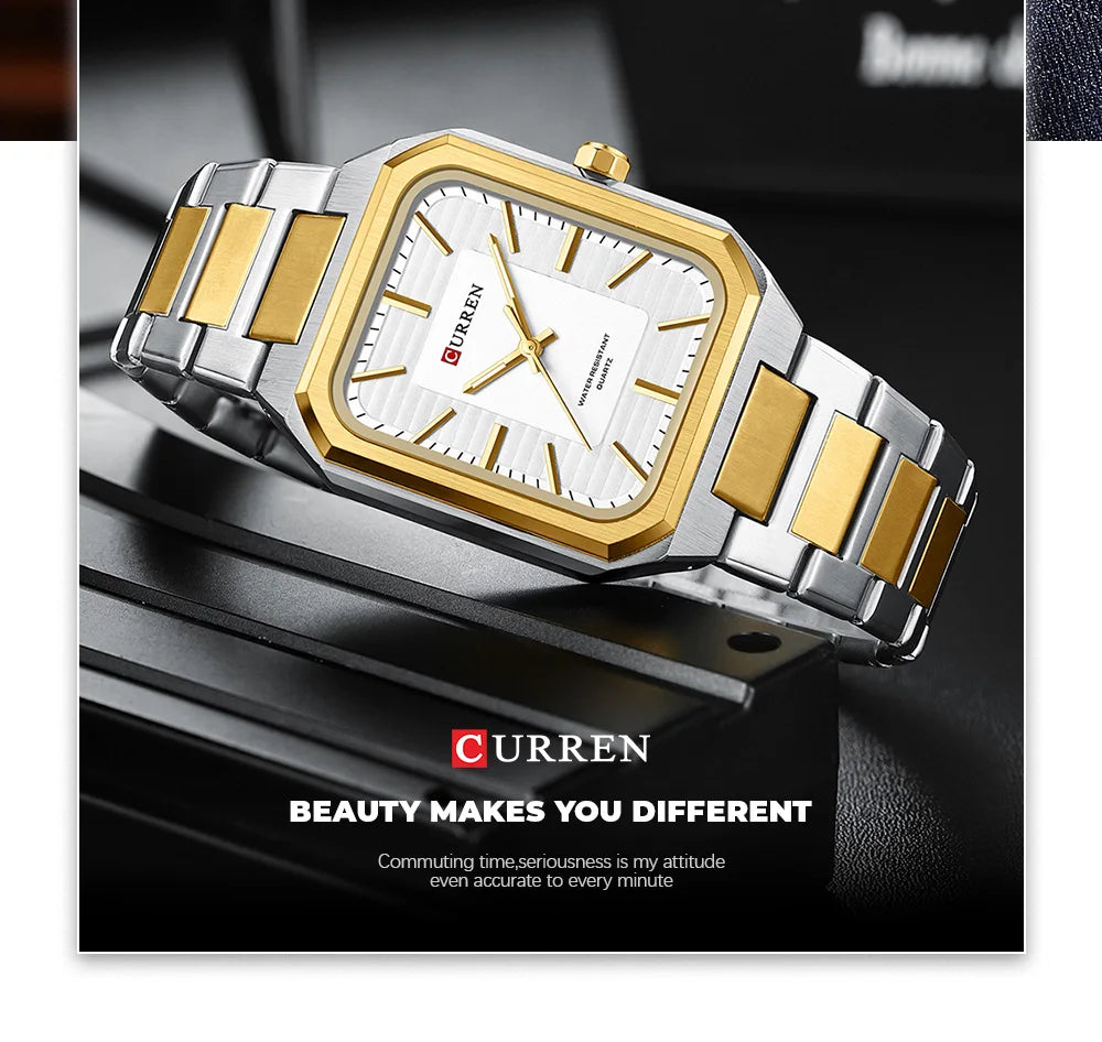 CURREN NEW Rectangular Business Watches for Men 2023 Fashion Brand Quartz Stainless Steel Band Wristwatch Male Clock 8457