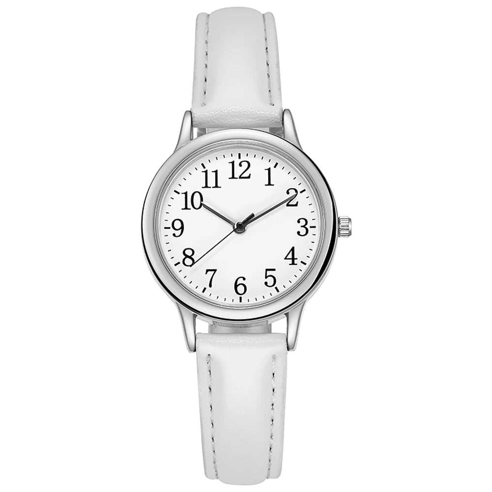 Leisure Fashion Women Quartz Watch Easy to Read Arabic Numerals Simple Dial PU Leather Strap Lady Candy Color