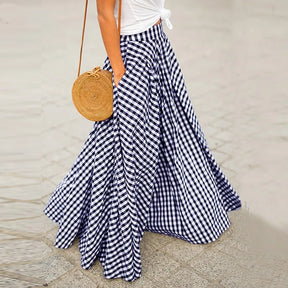 Spring/Summer Elegant and Fashion Style Checkered Medium to Long High Waist Large Swing Skirt with Drop Feeling Half Body Skirt