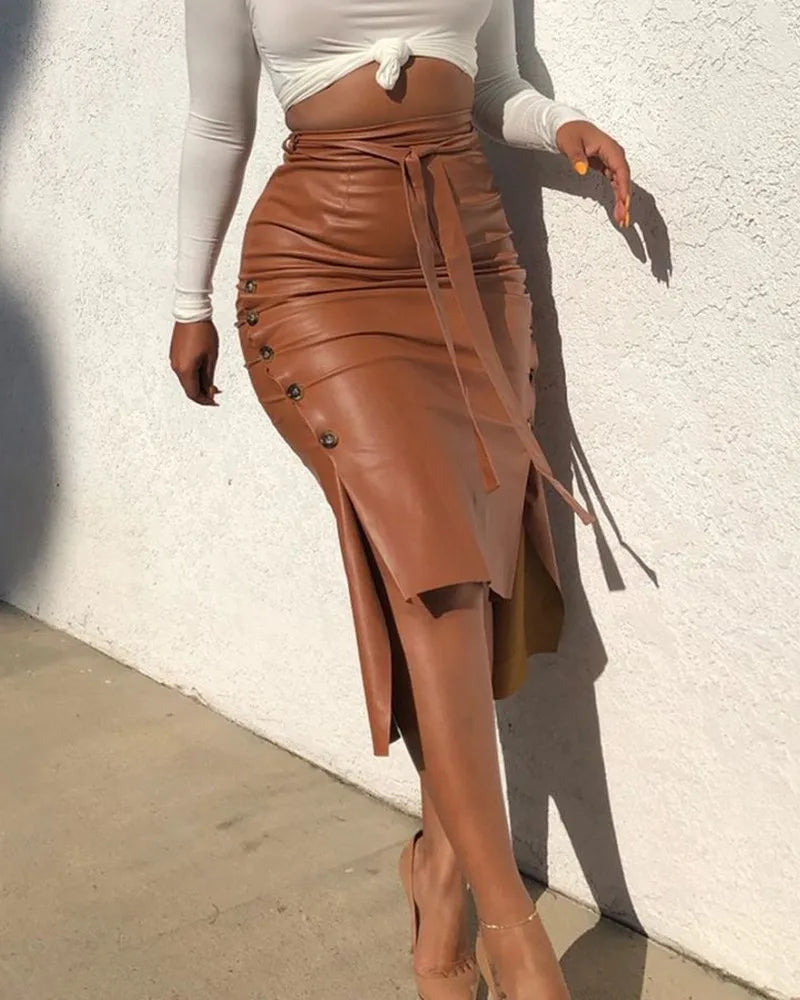 Fashion New Women's Faux Leather Midi Skirt High Waist Button Trim Slim Solid Color Slit Bodycon Pencil Skirt with Belt