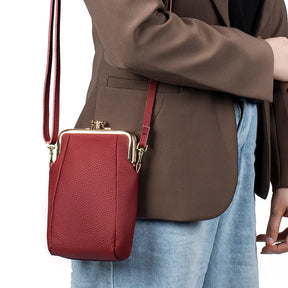 2024New Vintage Women Clip Bags Genuine Leather Mobile Phone Purse Bag Kiss Lock Crossbody Bags