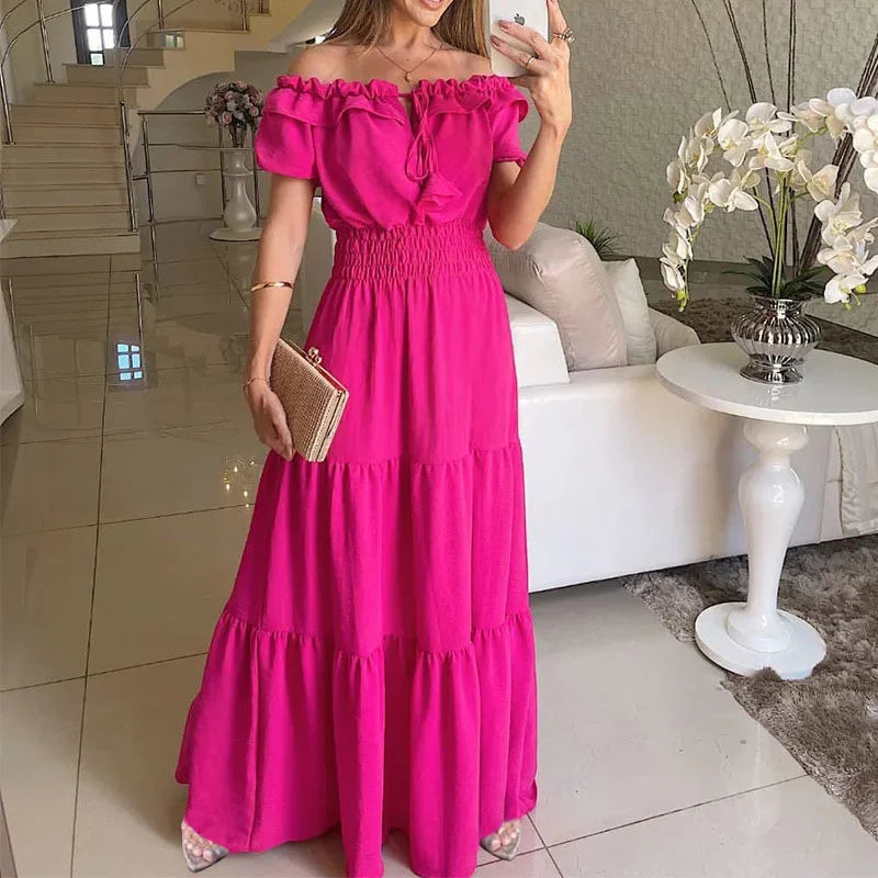 Women Fashion Ruffle One-piece Collar Dresses New Stretch Elasticated Waist Dress Female Commuter Casual Party Floor-length Gown