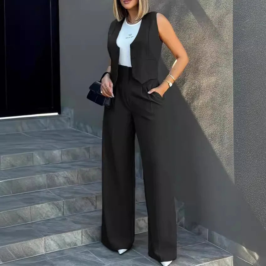 Women OL Blazer Pant Sets 2 Pieces Casual Slim Notched Cardigan Blazer Waistcoat&High Elastic Pocket Wide Leg Trousers Suits