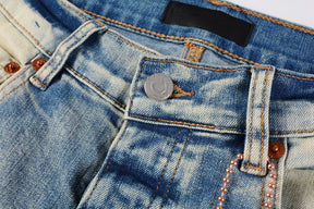 Purple jeans Men Fashion American high street brand Vintage wash blue paint distressed hole Repair Low Rise Skinny Denim pant