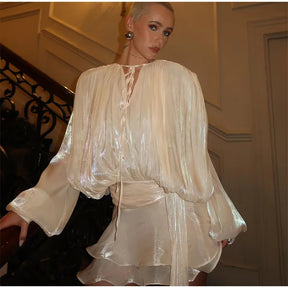 Fashion Ruffles Hem Solid Mini Dress Women Elegant O-neck Lantern Sleeve Short Dresses 2025 New High Street Vocation Vestidos
