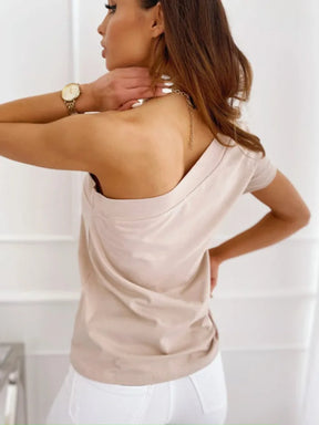 Women Sleeveless T-shirts Summer Female One Off Shoulder Solid Color Irregular Vests HY-W190706