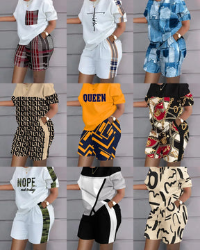 Women Casual Short Sleeve Outfit 2024 Summer Fashion Letter Printed O Neck Pocket Suit Female T Shirt Top Shorts Two Pieces Set