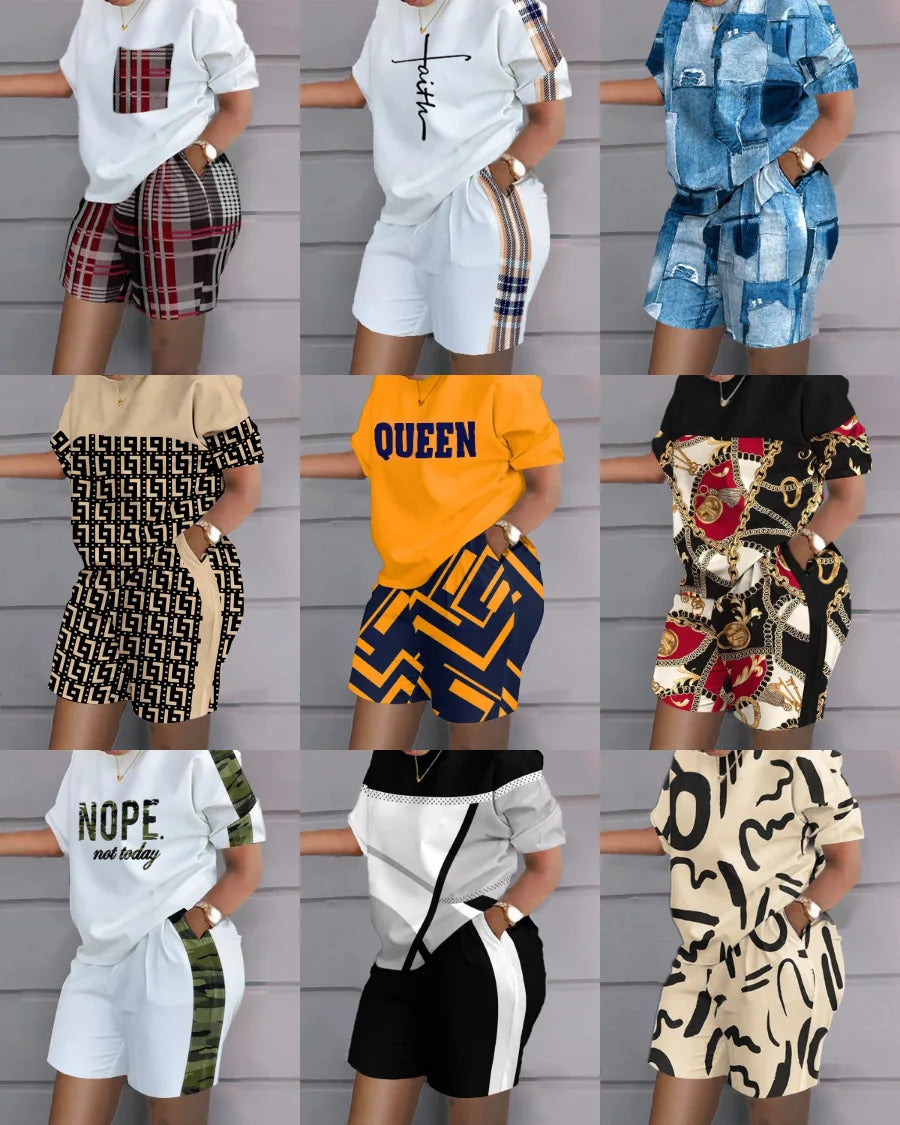Women Casual Short Sleeve Outfit 2024 Summer Fashion Letter Printed O Neck Pocket Suit Female T Shirt Top Shorts Two Pieces Set
