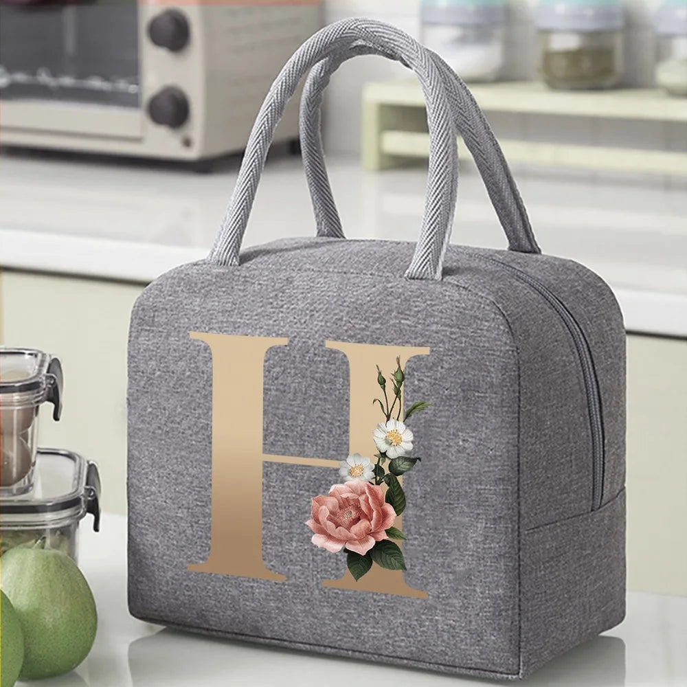 Thermal Food Picnic Lunch Box Insulated School Child Tote Lunch Bags for Work Cute Gold Letter Pattern Cooler Bag for Women