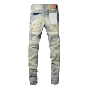 Purple jeans Men Fashion American high street brand Vintage wash blue paint distressed hole Repair Low Rise Skinny Denim pant