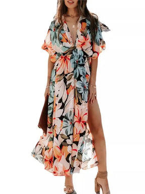 Casual Print Women Dress Summer Fahsion V Neck Short Sleeve Office Elegant Maxi Dresses Female Holiday Beach Party Dress New