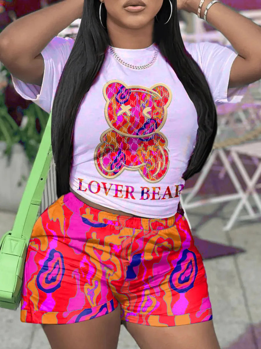 Casual Short Sleeve T T-shirt Shorts Set Office Lady Summer O-neck Cartoon Print Blouse Pants Two Piece Set Women Outfit 2023