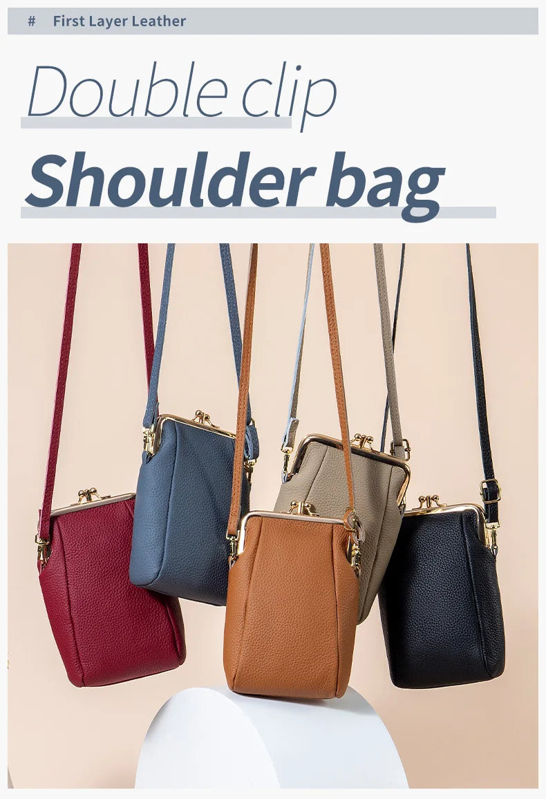 2024New Vintage Women Clip Bags Genuine Leather Mobile Phone Purse Bag Kiss Lock Crossbody Bags