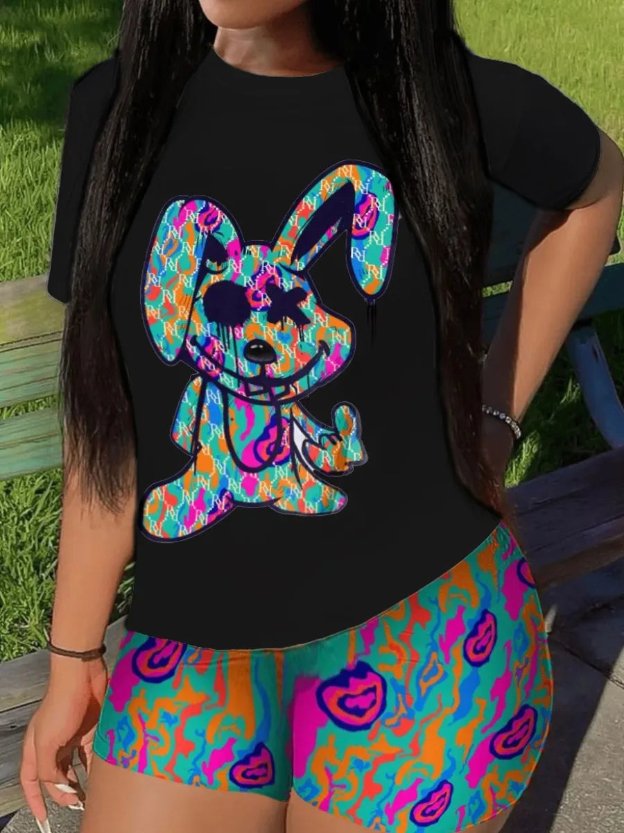 Casual Short Sleeve T T-shirt Shorts Set Office Lady Summer O-neck Cartoon Print Blouse Pants Two Piece Set Women Outfit 2023