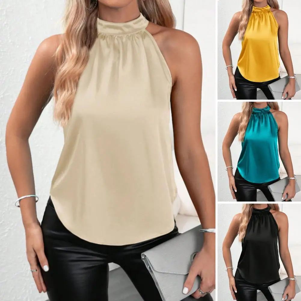Women Satin Top Elegant Satin Halter Top Off Shoulder Sleeveless Tank Women's Loose Fit Vest Stylish Summer Wear for Daily