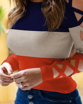 Fashion Long Sleeve Hollow Band Design Blouse for Women