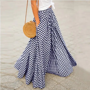 Spring/Summer Elegant and Fashion Style Checkered Medium to Long High Waist Large Swing Skirt with Drop Feeling Half Body Skirt