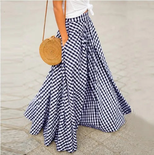 Spring/Summer Elegant and Fashion Style Checkered Medium to Long High Waist Large Swing Skirt with Drop Feeling Half Body Skirt